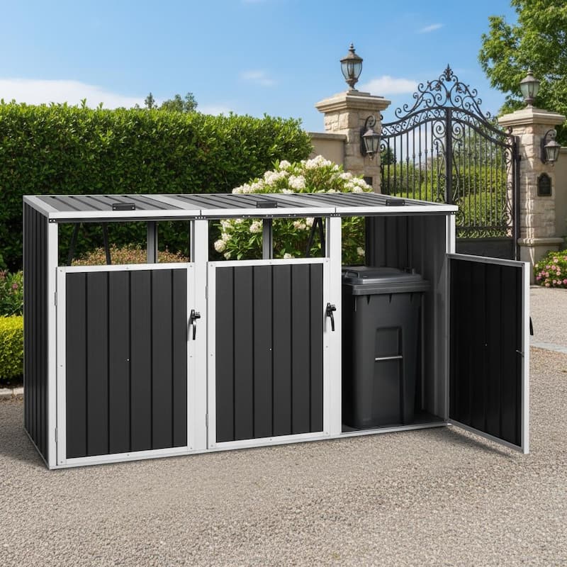 Grey Metal Outdoor Garbage Bin Shed