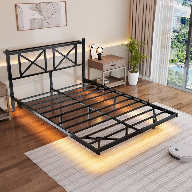 Floating Bed Frame Metal Platform Bed Frame with USB Charging Station Storage Headboard, LED Lights, No Box Spring Needed,Black