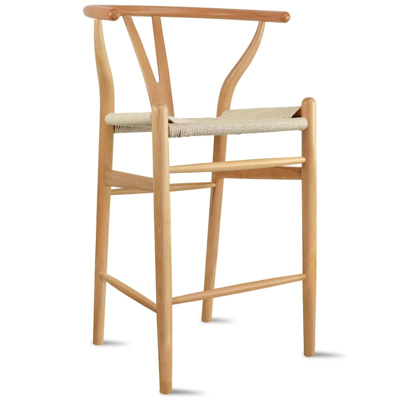 Set of 2 Solid Wood Elbow Barstool with Open Y Back Farmhouse Dining Office Chairs with Woven Beige Seat - N/A
