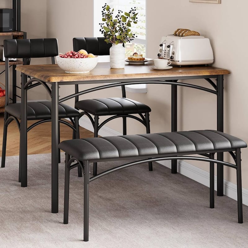 Industrial Dining Table Set with Upholstered Chairs and Bench
