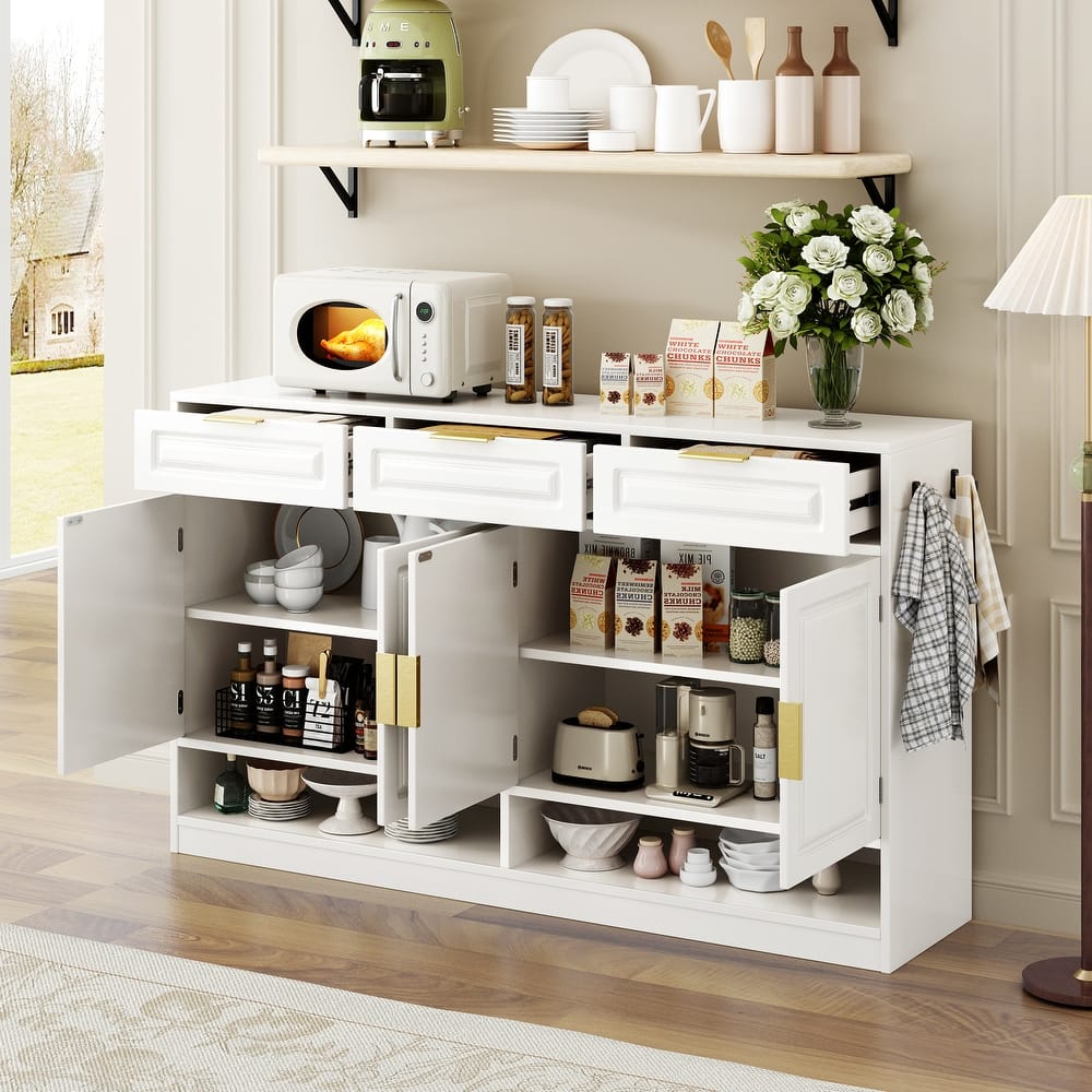 Roomfitters 59.1" Farmhouse Sideboard Buffet Cabinet with 3 Drawers and 4 Doors, Kitchen Storage with Open Shelf
