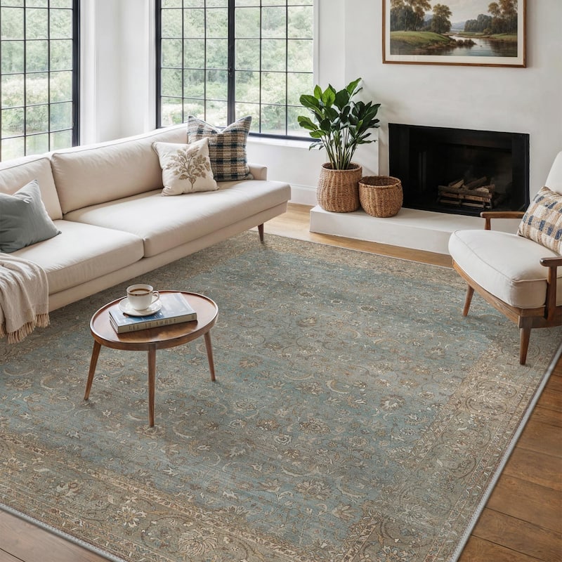 Mcow Vintage Floral Low-Pile Machine-Washable Area Rug - 8' x 10' - Weathered Teal - Rectangle