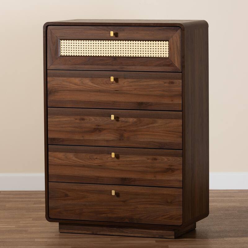 Jenibelle Classic Walnut Brown Wood 5-Drawer Chest with Rattan Drawer