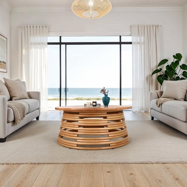 slide 2 of 19, NPD Furniture Zeke Rattan Round Coffee or Side Table with Solid Wood Top