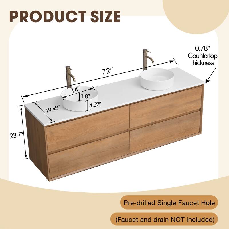 72" Floating Bathroom Vanity Quartz Counter Top with Double Ceramic Vessel Sink - Square Sink