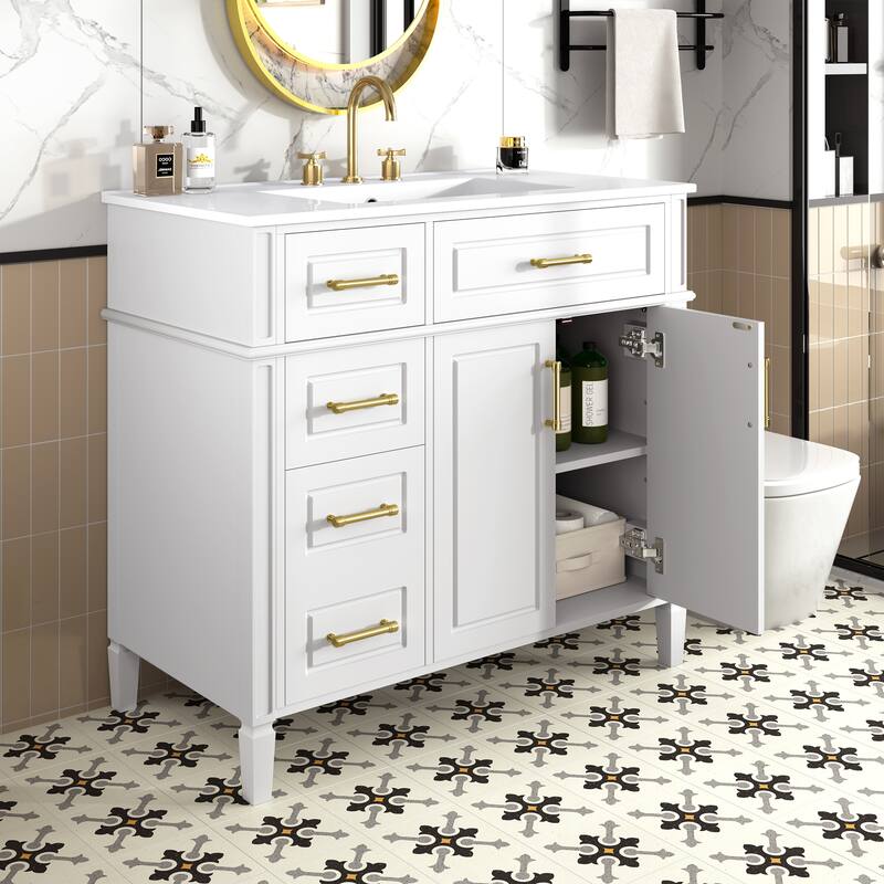 Roomfitters 36" Bathroom Vanity with Sink, Solid Pinewood Frame, 4 Drawers, Soft-Close Doors & Adjustable Shelf