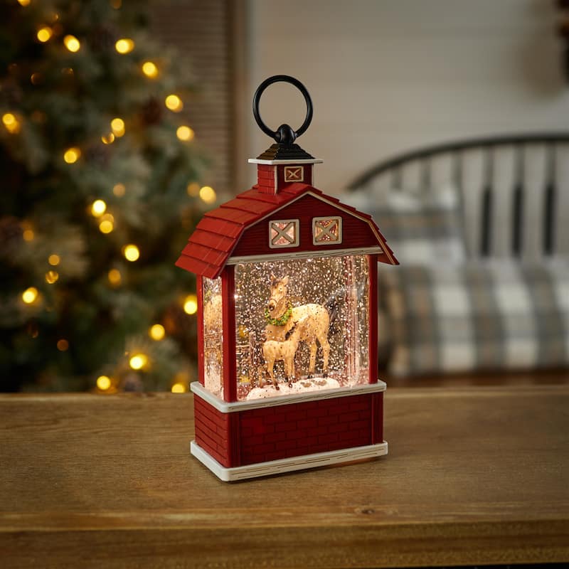 Lighted Horse Barn Snow Globe with Glitter and USB Cord Rustic Christmas Mantel Decor 6-Hour Timer - 5.75”L x 2.75”W x 10.75”H
