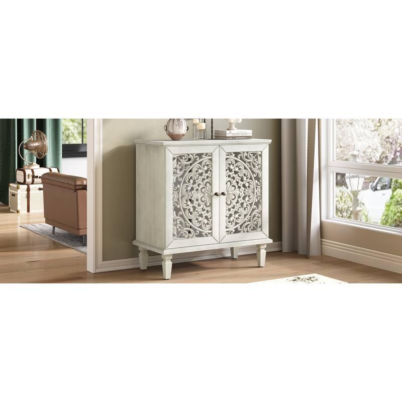Roomfitters 2-Door Hollow-Carved Accent Cabinet, Symmetrical Floral Sideboard with Adjustable Shelf