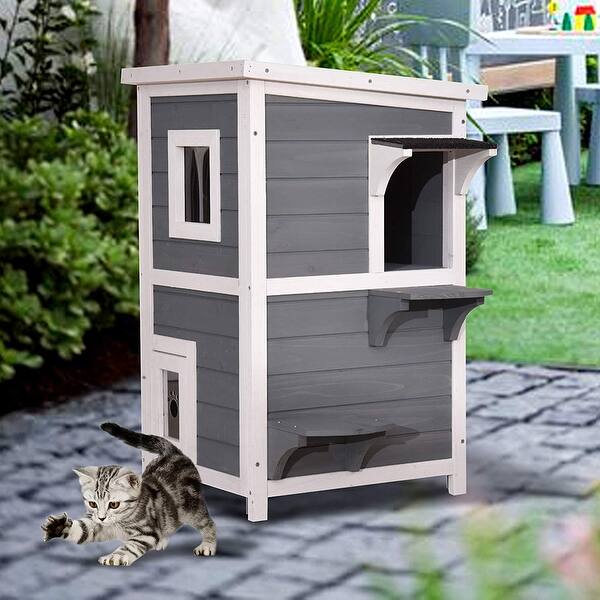 Shop Lovupet 2 Story Weatherproof Wooden Outdoor Indoor Cat Shelter House Condo With Escape Door 0508 Overstock 28354234