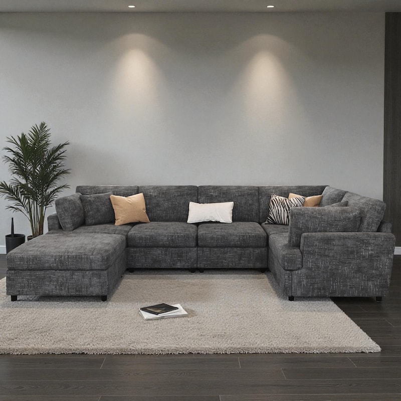 127" U-Shaped Modular Sectional Sofa with Movable Ottoman, 6-Piece Chenille Couch Set with Pine Wood Frame for Living Room - Grey