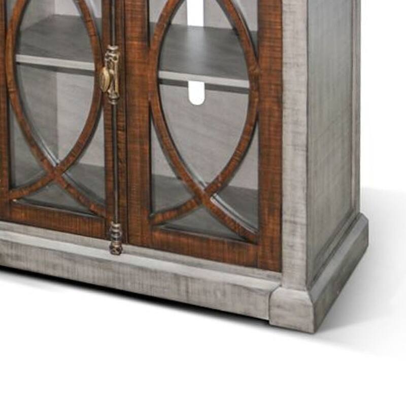 Camie TV Media Console, 4 Glass Cabinet Doors, Gray Solid Wood, 91 Inch