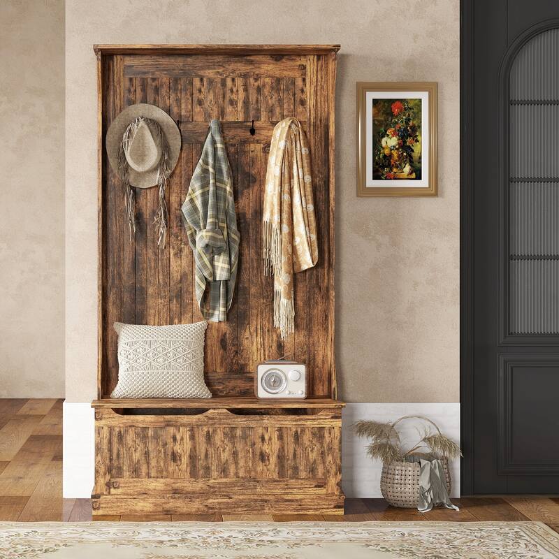 3-in-1 Hall Tree with Storage Bench, Coat Hooks & Shoe Storage - 37.75" W x 13.5" D x 70.75" H