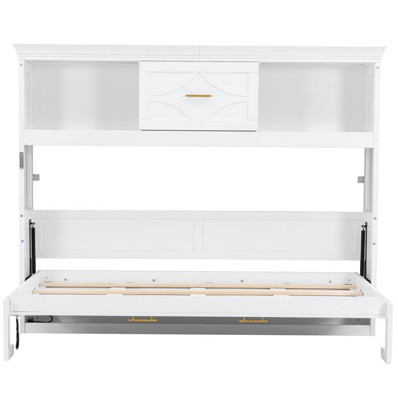 Solid Pine Murphy Bed Chest with Charging Station, Twin Size Murphy Wall Bed, Foldable Platform Bed Frame with Drawer