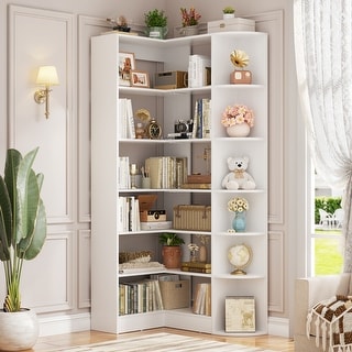 6-Tier Corner Bookshelf, 71" H Freestanding L-Shaped Book Shelf with Baffle, Corner Open Display Shelf Bookcase