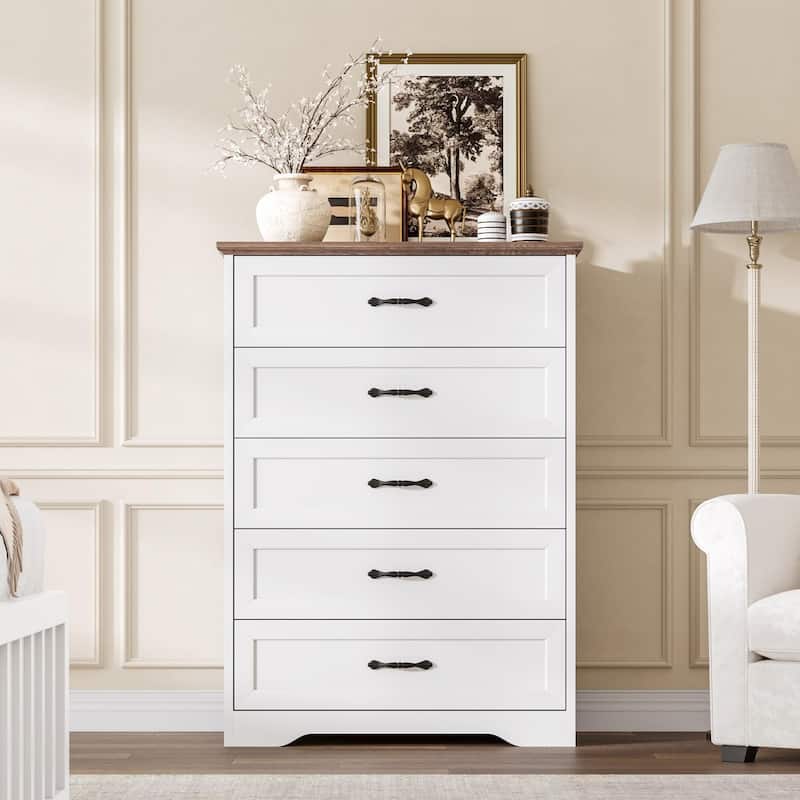 5/6 Drawers Dresser for Bedroom,Chest of Drawers with Wide Metal Handle,Farmhouse Modern Wooden Dresser - Brown - 5-drawer