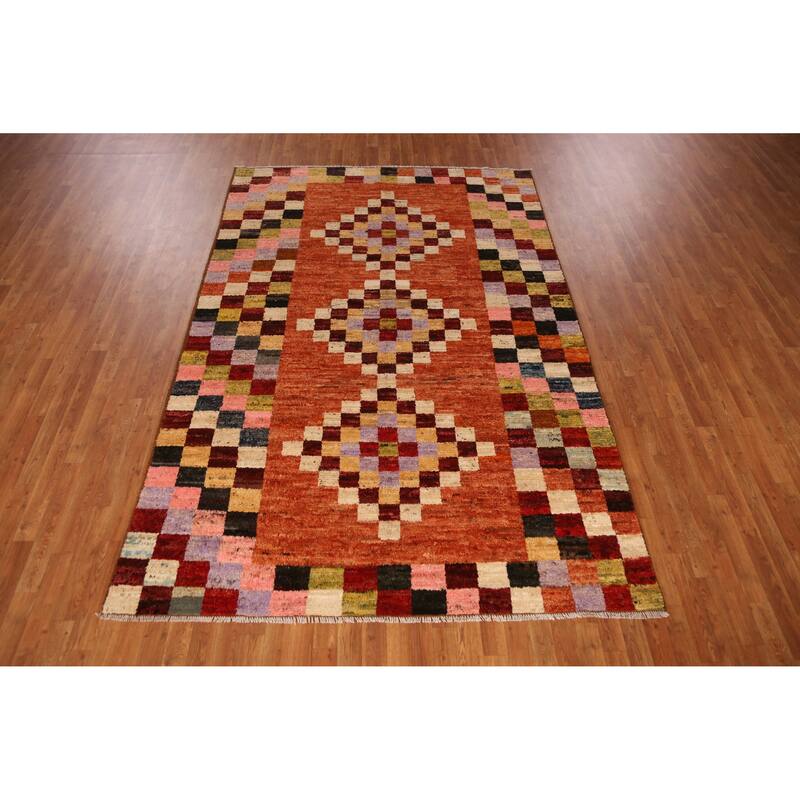 Checkered Orange Moroccan Oriental Area Rug Handmade Wool Carpet - 6'7" x 9'10"