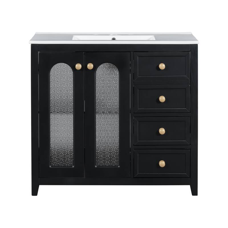 Bathroom Vanity with Ceramic Sink, Bathroom Cabinet with 2 Glass Door and 3 Drawers, Vanity Set with Adjustable Shelf