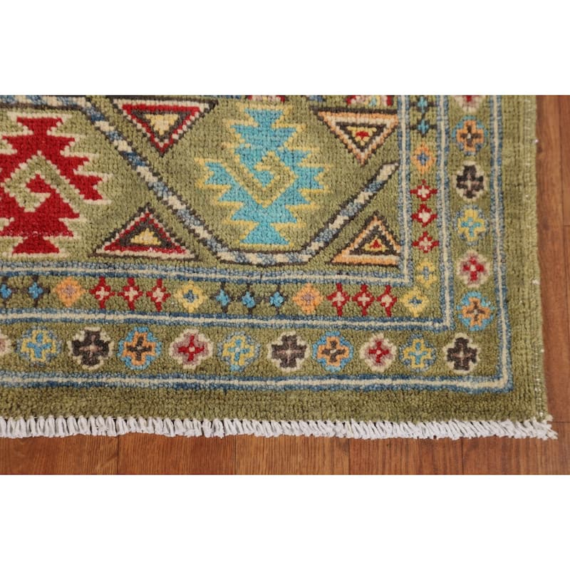Geometric Kazak Oriental Area Rug Handmade Green Wool Carpet - 4'0" x 6'2"