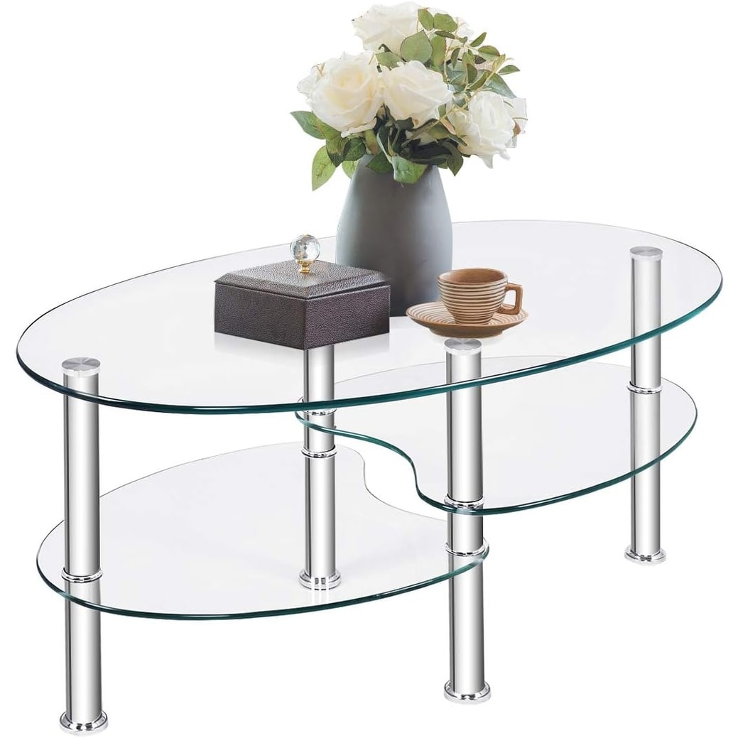 Modern 2-Tier Oval Glass Coffee Table with Chrome Legs for Home or Office