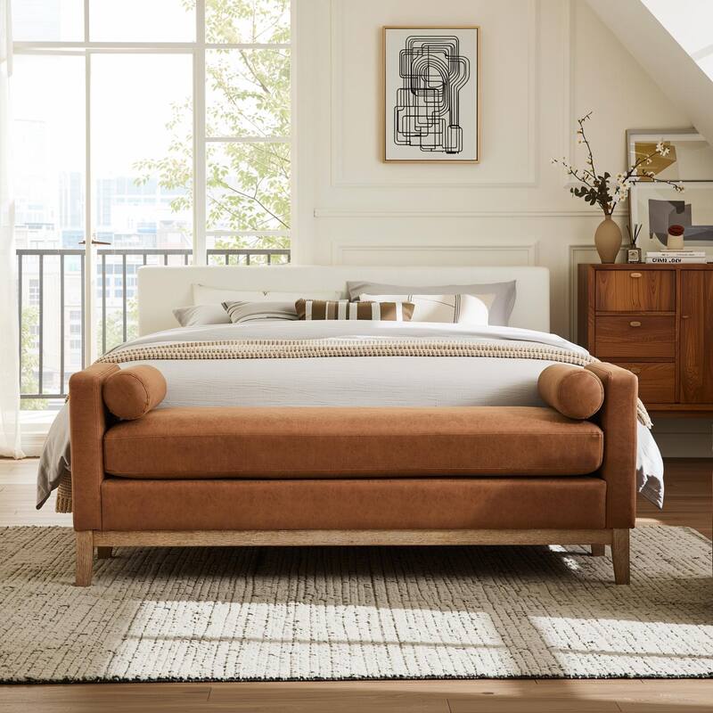 Homy Casa Upholstered Bench Sofa with Pillows, Wooden, Entry Living