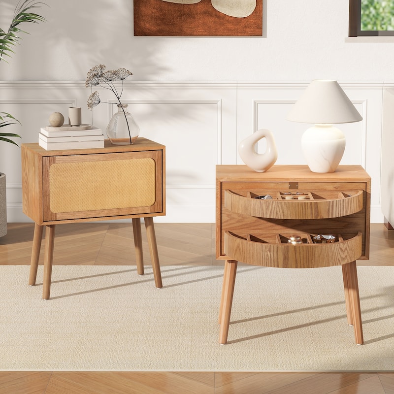 Christopher Knight Home - Araminta Rattan-Panel Nightstand in MDF with Layered Flip Storage - Natural + 2 Piece - 2-drawer