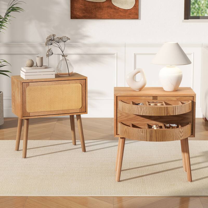 Rotating Hidden Compartment Nightstand for Bedroom, Mid Century Modern Rattan Bedside Table End Table with Wood Legs