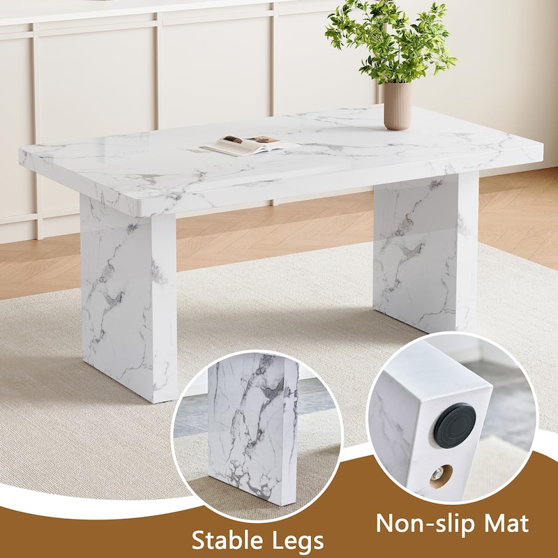 5 Piece Rectangular Dining Table Set, Modern 63" Imitation Marble Dining Table w/ 4 PU Upholstered Chair for Kitchen