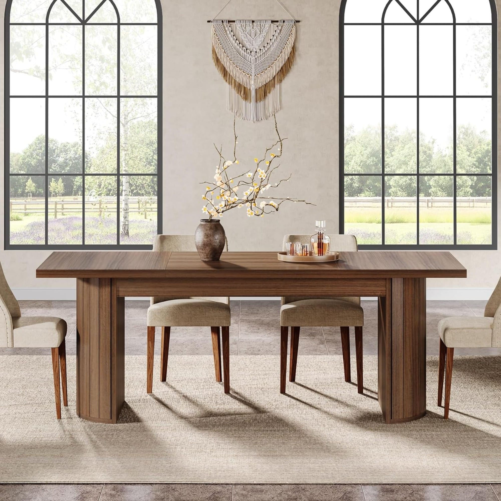 78.74" Farmhouse Wood Extra Long Dining Table With Dual Base For 6-8 People