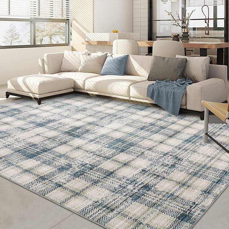 Washable Area Rugs for Living Room Bedroom Modern Plaid Rug Soft Non Slip Low Pile Farmhouse Geometric Rug - 5'x7' - Blue Beige