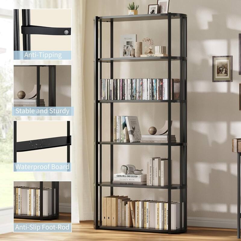 6 Tier Freestanding Open Storage Industrial Bookshelf, Bookcase for Bedroom, Living Room