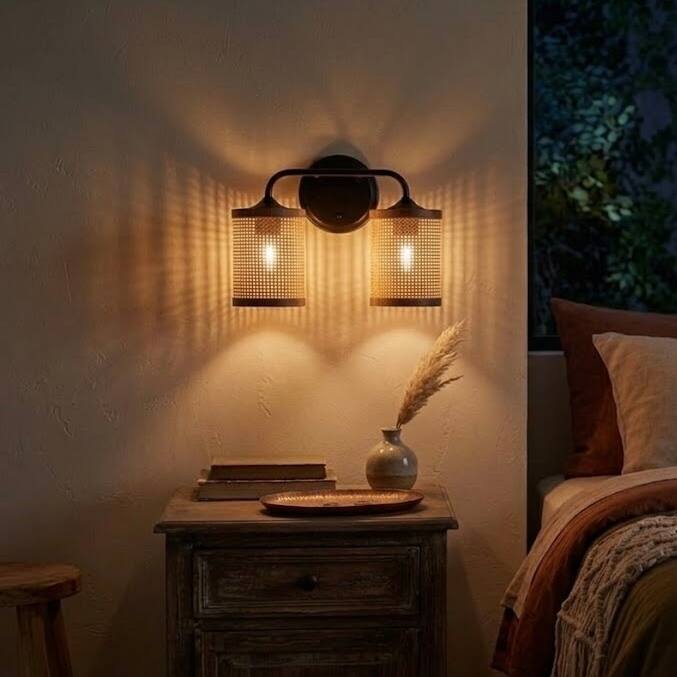 Beebu Double-Light Vanity Sconce with Rattan Shades