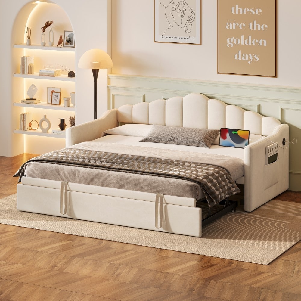 Modern Upholstered Adjustable Height Pop Up Trundle Twin Daybed with Type-C Charging Port