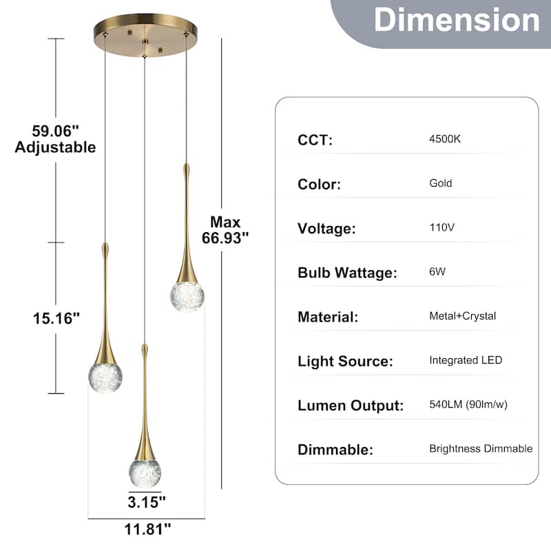Starsky 3-Light LED 4500K Teardrop Crystal Cluster Pendant
