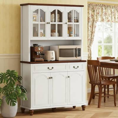 Large Retro Pantry Cabinet with Countertop, Buffet Cabinet,Tall Kitchen Hutch with 2 Drawers, Glass Door for Dining Rooms