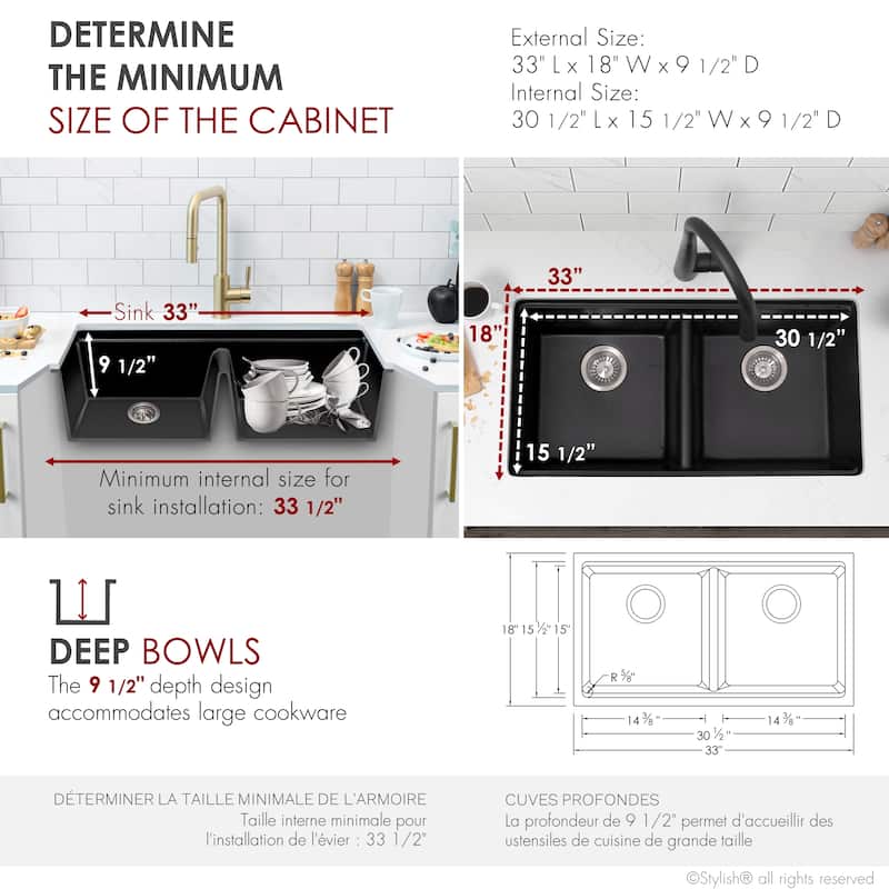 Dual mount 33 inch Black Composite Granite Double Bowl Workstation Kitchen Sink