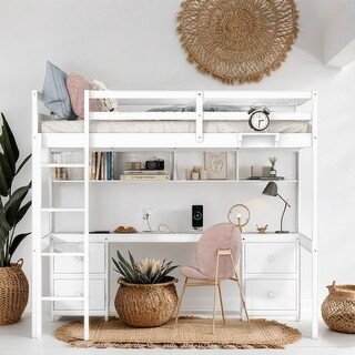Full Size Loft Bed with Desk, Cabinets, Drawers and Bedside Tray, White