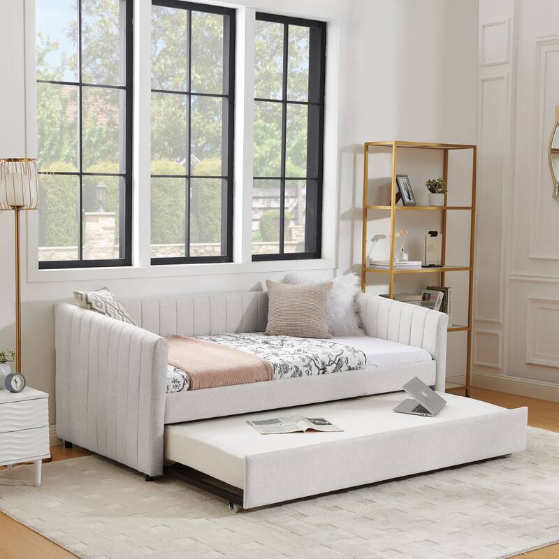 Twin/Full Size Daybed with Trundle, Upholstered Sofa Bed with Vertical Stripes, Linen Fabric, Comfortable Seating for Bedroom