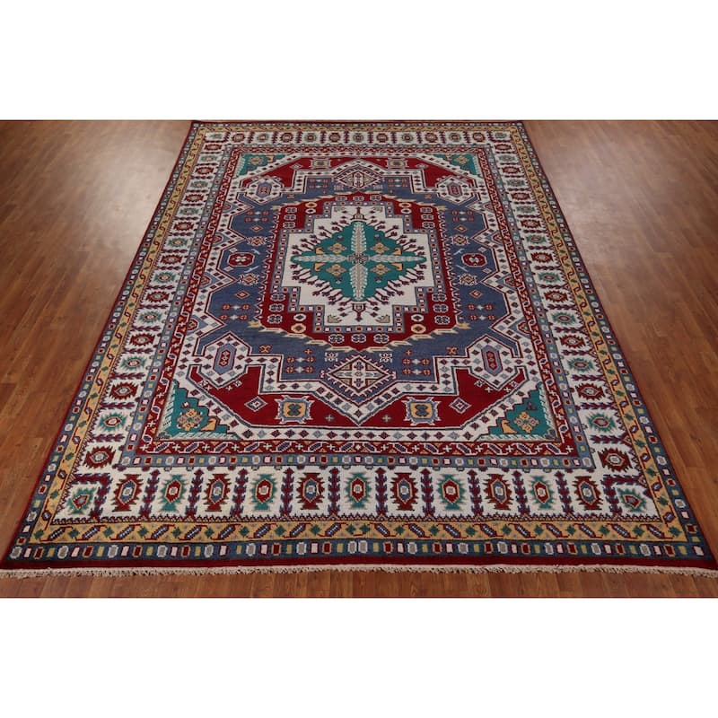 Geometric Kazak Area Rug Hand-Knotted Blue Oriental Wool Carpet - 8'10" x 11'8"