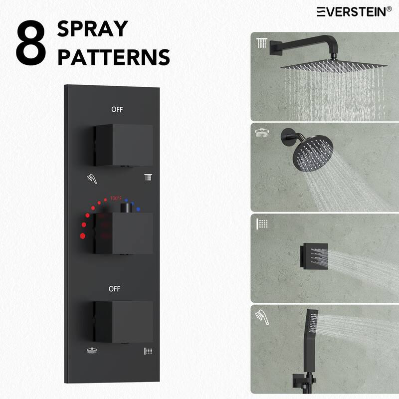 Thermostatic Dual Shower System 12" and 6" Rainfall Shower Head with 6 Body Jets & Handheld Shower