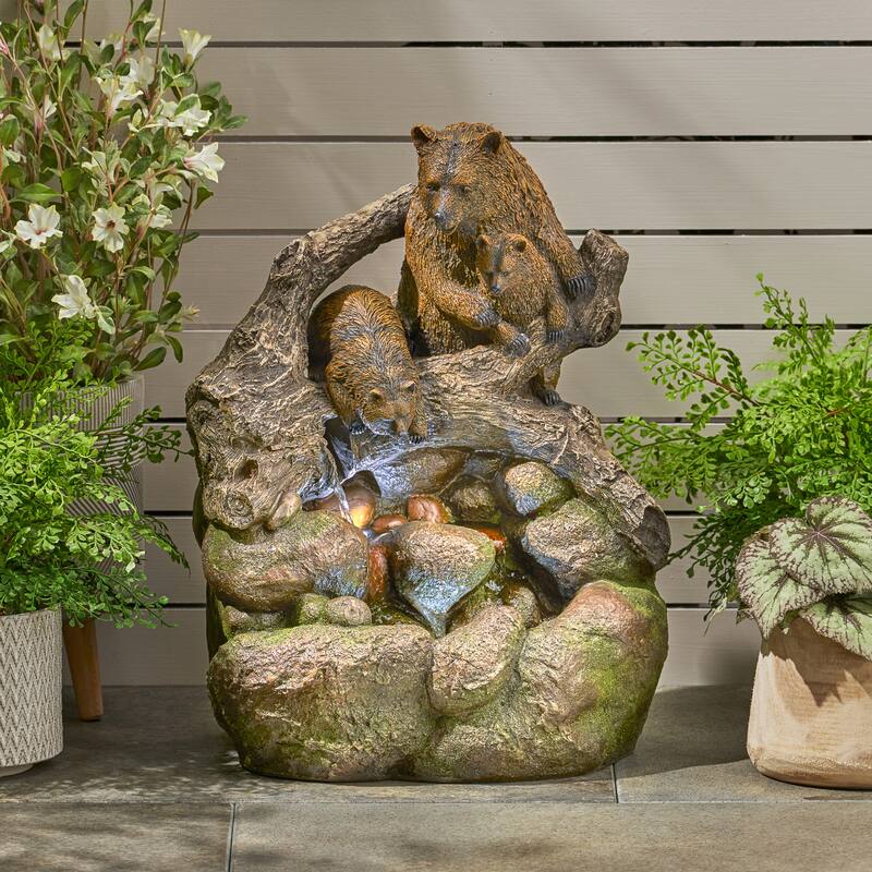 24.75" High Callan Fountain Weather Resistant Floor Fountain With Light, Light Brown + Moss