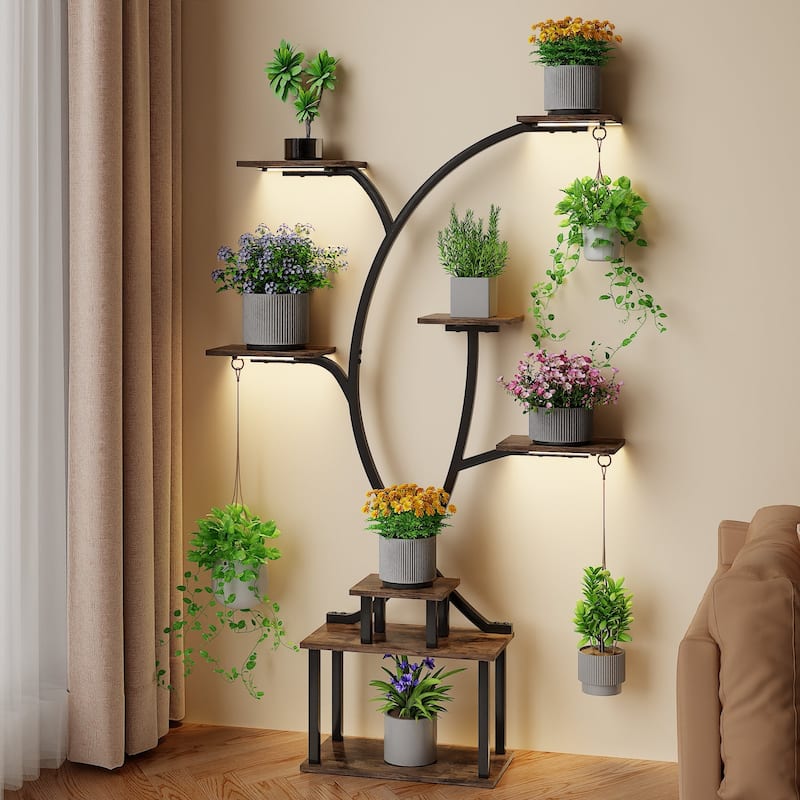 VECELO Indoor Plant Stand with Grow Lights 4 Styles 6/7/9 Shelves Adjustable Timer & Brightness Decorative Rack for Living Room - 03style