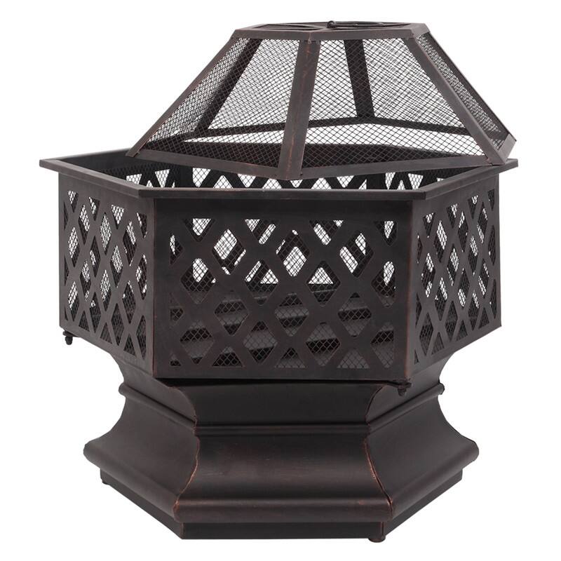 22" Hexagonal Shaped Iron Brazier Wood Burning Fire Pit - Brown/Black