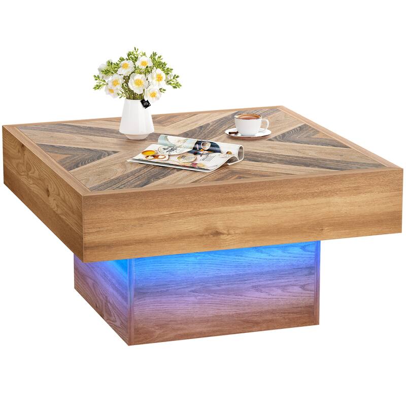 Moasis Farmhouse Square LED Coffee Table Engineered Wood Coffee Table for Living Room - Brown