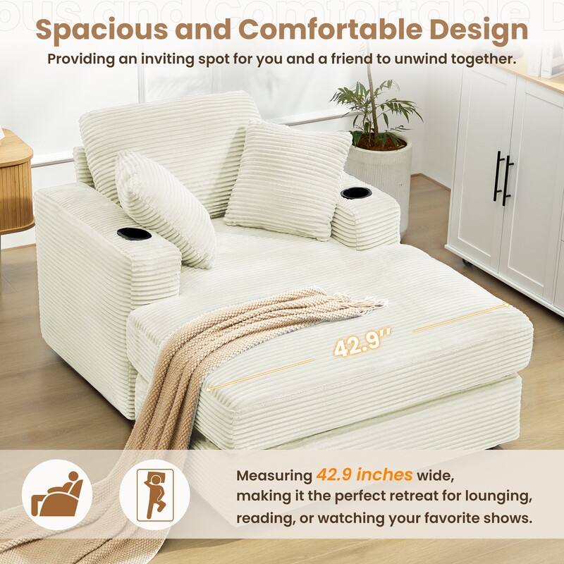 Chaise-Style Corduroy Sofa with Cup Holders and 3 Back Cushions - Reclining Lounge Design