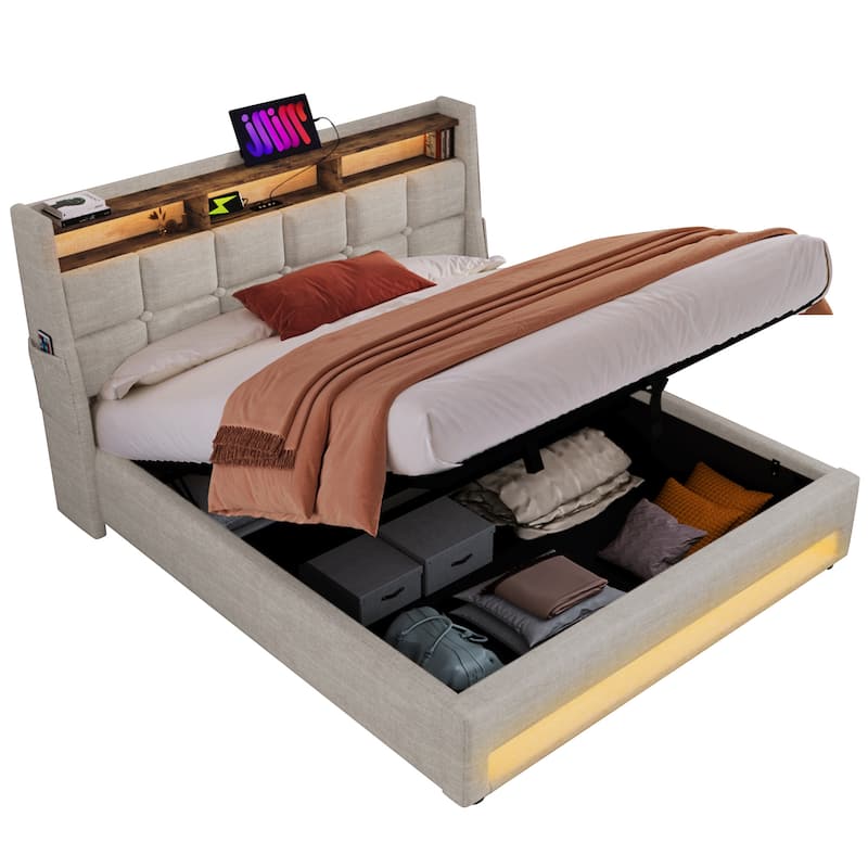 Full Size Upholstered Platform Bed with Hydraulic Storage System, LED and USB Charging