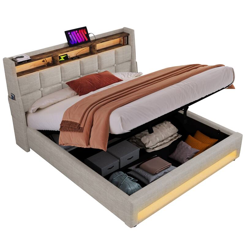 Queen Size Upholstered Bed with Hydraulic Storage, LED, and USB Charging