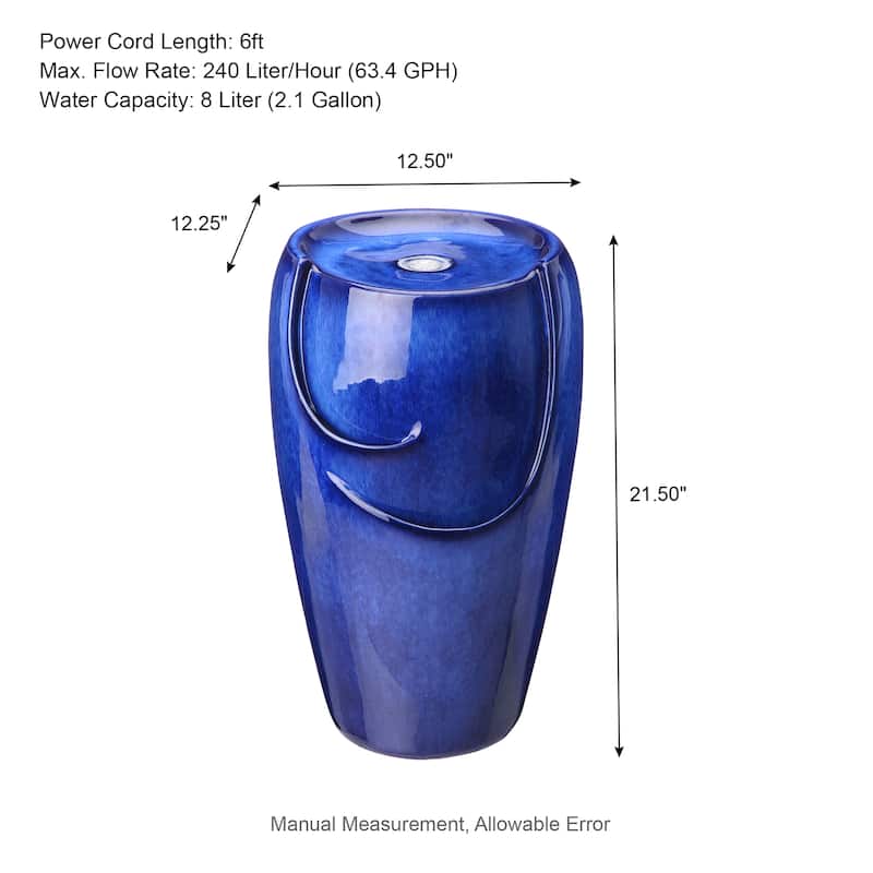 Glitzhome Oversized LED Lighted Ceramic Pot Floor Fountains for Outdoor Garden