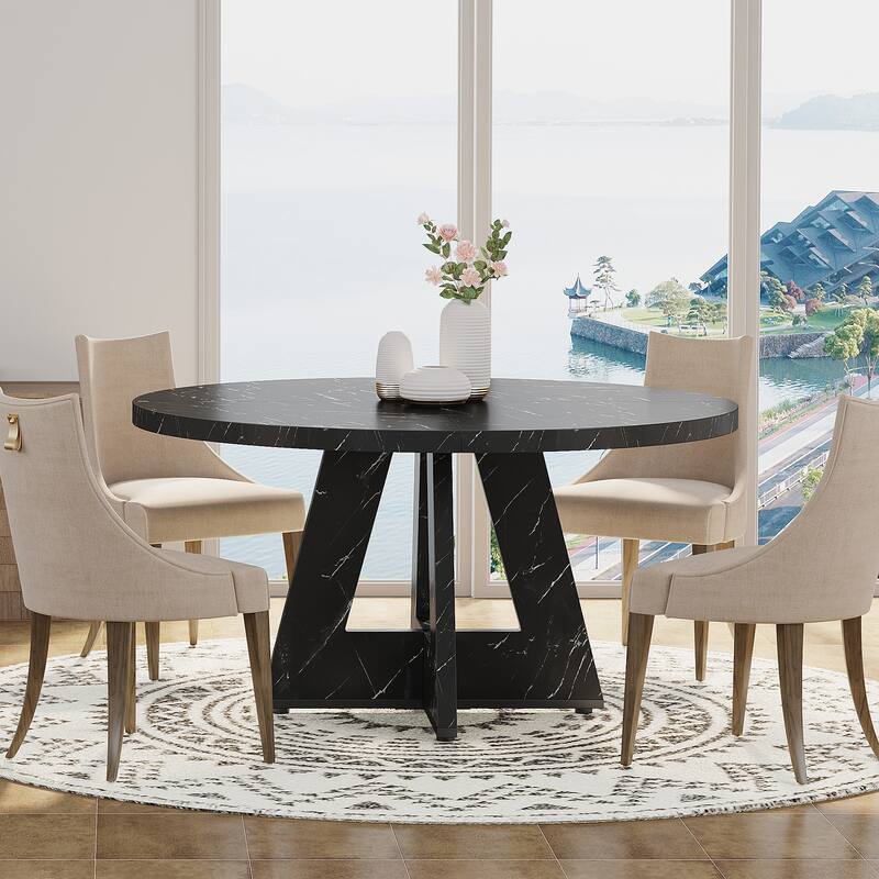 47" Round Dining Table for 4-6 People Rustic Wood Table with Pedestal Base for Kitchen Dining Room Living Room - Black+White
