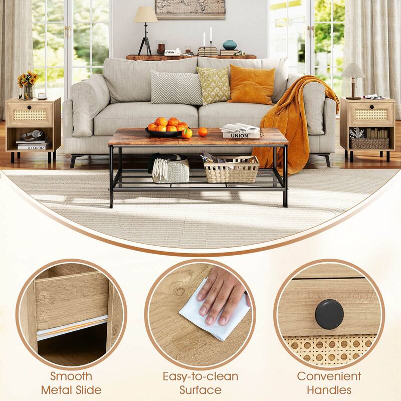 Costway 1/2 PCS Rattan Nightstand Boho End Table with Drawer & Open - See Details