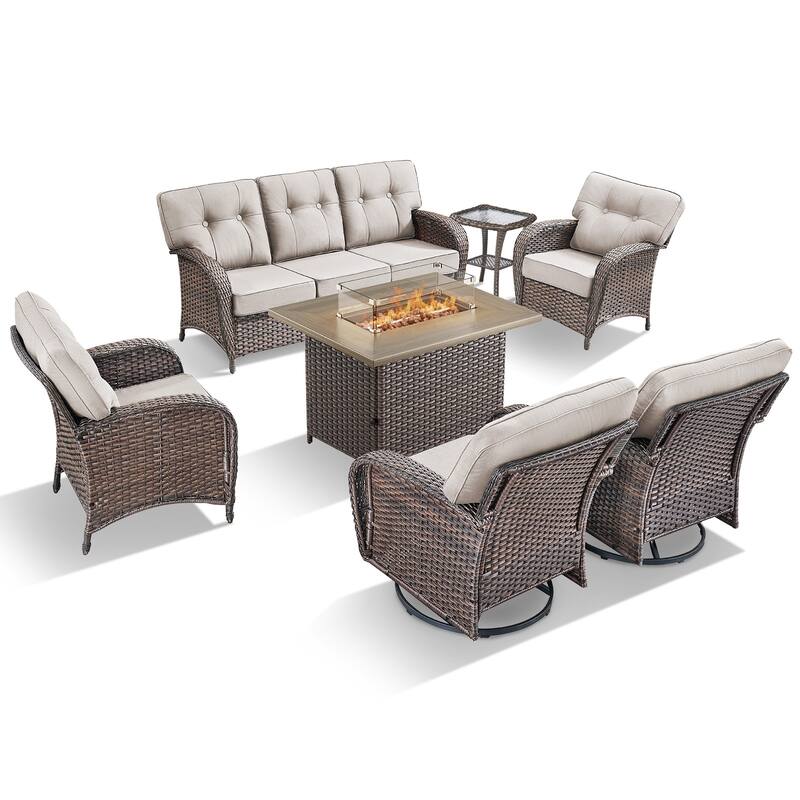 TWrap Wicker Patio Fire Pit Conversation Set with 3-Seat Sofa & Swivel Gliders & Armchairs